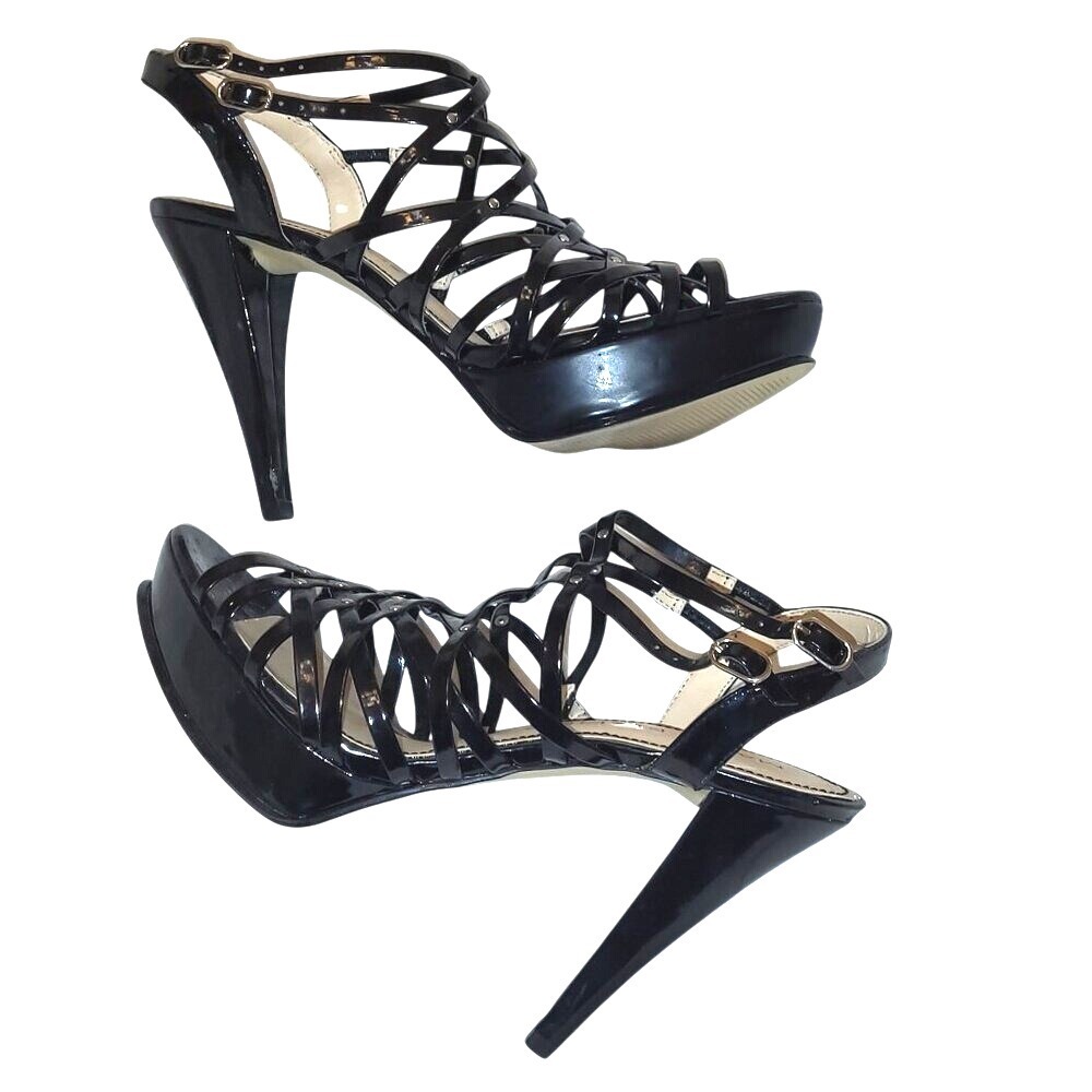 Marc Fisher MFHOKEN Patent Leather Black Strappy Spike Heels Platform Sandals 8